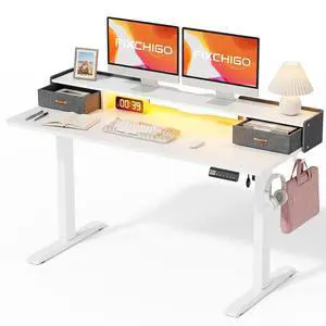 Electric Standing Desk with Drawers, 55 Inch Height Adjustable Desk with Power Outlets & LED Lights, Sit Stand Table with Monitor Stand for Home, Office, White Electric Standing Desk with Drawers, 55 Inch Height Adjustable Desk with Power Outlets & LED Lights, Sit Stand Table with Monitor Stand for Home, Office, White