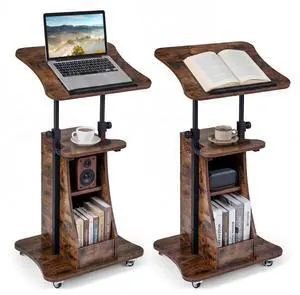 Sit-to-Stand Mobile Podium Stand, Height Adjustable Rolling Lectern Desk w/Tilting Tabletop, Storage Shelves & Lockable Casters, Laptop Computer Cart for Office Classroom (Rustic Brown,2) Sit-to-Stand Mobile Podium Stand, Height Adjustable Rolling Lectern Desk w/Tilting Tabletop, Storage Shelves & Lockable Casters, Laptop Computer Cart for Office Classroom (Rustic Brown,2)