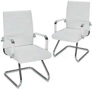 White Office Guest Chairs No Wheels Set of 2, Leather Conference Chairs | Office Guest Chairs Sled Base Modern Leather Reception Chairs with Mid Back Waiting Chair lobby visitor customer desk chair White Office Guest Chairs No Wheels Set of 2, Leather Conference Chairs | Office Guest Chairs Sled Base Modern Leather Reception Chairs with Mid Back Waiting Chair lobby visitor customer desk chair