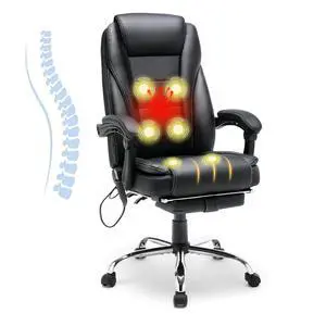 6-Point Massage Heated Office Chair with Footrest, Black | Ergonomic Adjustable Back, Pu Leather 6-Point Massage Heated Office Chair with Footrest, Black | Ergonomic Adjustable Back, Pu Leather