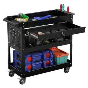 3-Tier Heavy Duty Utility Cart on Wheels, Rolling Tool Cart on Wheels with a Drawer, 350 Lbs Load Capacity Service Cart for Warehous, Garage and Repair Shop (Black) 3-Tier Heavy Duty Utility Cart on Wheels, Rolling Tool Cart on Wheels with a Drawer, 350 Lbs Load Capacity Service Cart for Warehous, Garage and Repair Shop (Black)