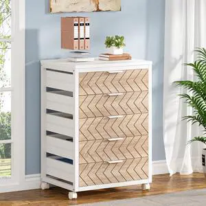 5-Drawer File Cabinet, Wood Mobile Storage Unit, Beige & White | Industrial Office Cabinet, with Wheels and Drawers, Rolling Printer Stand, Fits Home and Office 5-Drawer File Cabinet, Wood Mobile Storage Unit, Beige & White | Industrial Office Cabinet, with Wheels and Drawers, Rolling Printer Stand, Fits Home and Office
