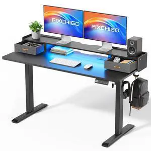 Electric Standing Desk with Drawers, 55 Inch Height Adjustable Desk with Power Outlets & LED Lights, Sit Stand Table with Monitor Stand for Home, Office, Black Electric Standing Desk with Drawers, 55 Inch Height Adjustable Desk with Power Outlets & LED Lights, Sit Stand Table with Monitor Stand for Home, Office, Black