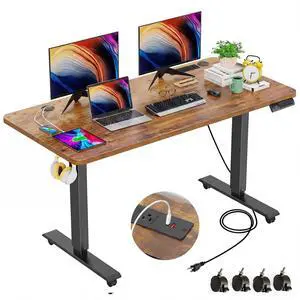 48 x 24 inch Standing Desk Electric Adjustable Height with Power Outlets, Stand up Desk with Ergonomic Workstation, Preset Heights Home Office Gaming Computer Workstations Table(Brown) 48 x 24 inch Standing Desk Electric Adjustable Height with Power Outlets, Stand up Desk with Ergonomic Workstation, Preset Heights Home Office Gaming Computer Workstations Table(Brown)