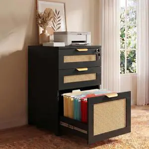 3 Drawer File Cabinet with Lock, Small Rattan | Filing Cabinets with Wheels, Wood Rolling Office Storage for Under Desk Home Office,Black 3 Drawer File Cabinet with Lock, Small Rattan | Filing Cabinets with Wheels, Wood Rolling Office Storage for Under Desk Home Office,Black