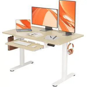 Electric Standing Desk 48 Inch with Keyboard Tray Natural | Heavy-duty steel frame supports 176 lbs, 28.3-46.5 inch height range, 3 programmable presets, water-resistant surface Electric Standing Desk 48 Inch with Keyboard Tray Natural | Heavy-duty steel frame supports 176 lbs, 28.3-46.5 inch height range, 3 programmable presets, water-resistant surface
