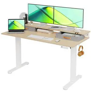 Electric Standing Desk with 2 Drawers, 55 Inch, Natural | Adjustable height desk with 2 drawers, open cubicle, monitor shelf, cable management, built-in hooks for home office Electric Standing Desk with 2 Drawers, 55 Inch, Natural | Adjustable height desk with 2 drawers, open cubicle, monitor shelf, cable management, built-in hooks for home office