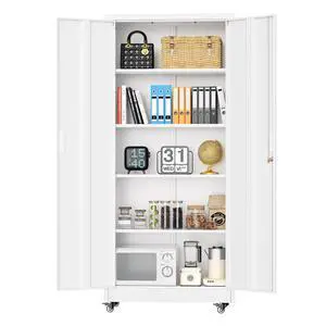 Metal Storage Cabinet with Wheels, 73" H Rolling Metal Cabinets with Doors and Shelves, White Steel Lockable Cabinet on Wheels for Garage Storage Metal Storage Cabinet with Wheels, 73" H Rolling Metal Cabinets with Doors and Shelves, White Steel Lockable Cabinet on Wheels for Garage Storage