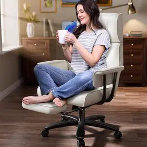 Reclining Criss Cross Office Chair with Wheels & Arms, White | Button-tufted PU leather, retractable footrest, 400 lbs capacity, 10% thickened wide cushion, retro executive design Reclining Criss Cross Office Chair with Wheels & Arms, White | Button-tufted PU leather, retractable footrest, 400 lbs capacity, 10% thickened wide cushion, retro executive design