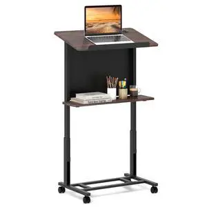 Rolling Podium Stand, 3-Position Height Adjustable Lectern Table with Tilted Tabletop, Mobile Laptop Cart with Storage Shelf, Lockable Casters, Ideal for Classroom, Office (1, Walnut) Rolling Podium Stand, 3-Position Height Adjustable Lectern Table with Tilted Tabletop, Mobile Laptop Cart with Storage Shelf, Lockable Casters, Ideal for Classroom, Office (1, Walnut)