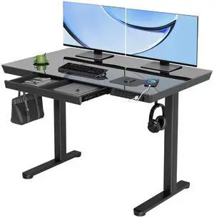 Glass Standing Desk with Drawers, 48x24 Inch, Black | Quick Install, Whole-Piece Glass Top, USB ports and a Type-C port, Buil in Drawers, Writable Glass Top, 2 Hooks Glass Standing Desk with Drawers, 48x24 Inch, Black | Quick Install, Whole-Piece Glass Top, USB ports and a Type-C port, Buil in Drawers, Writable Glass Top, 2 Hooks