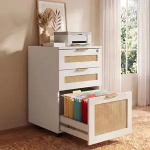 3 Drawer File Cabinet with Lock, Small Rattan | Filing Cabinets with Wheels, Wood Rolling Office Storage for Under Desk Home Office,White 3 Drawer File Cabinet with Lock, Small Rattan | Filing Cabinets with Wheels, Wood Rolling Office Storage for Under Desk Home Office,White