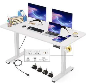Electric Standing Desk with Power Outlets and USB-C Port, 55 x 24 Inches Adjustable Height Sit Stand Up Desk for Home Office, Adjustable Desk with Memory Preset and Wheels, White Electric Standing Desk with Power Outlets and USB-C Port, 55 x 24 Inches Adjustable Height Sit Stand Up Desk for Home Office, Adjustable Desk with Memory Preset and Wheels, White