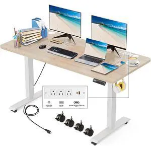 Electric Standing Desk with Power Outlets and USB-C Port, 55 x 24 Inches Adjustable Height Sit Stand Up Desk for Home Office, Adjustable Desk with Memory Preset and Wheels, Oak Electric Standing Desk with Power Outlets and USB-C Port, 55 x 24 Inches Adjustable Height Sit Stand Up Desk for Home Office, Adjustable Desk with Memory Preset and Wheels, Oak