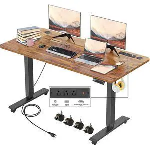 Electric Standing Desk with Power Outlets and USB-C Port, 55 x 24 Inches Adjustable Height Sit Stand Up Desk for Home Office, Adjustable Desk with Memory Preset and Wheels, Brown Electric Standing Desk with Power Outlets and USB-C Port, 55 x 24 Inches Adjustable Height Sit Stand Up Desk for Home Office, Adjustable Desk with Memory Preset and Wheels, Brown