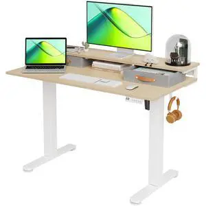Electric Standing Desk with 2 Drawers, 48 Inch, Natural | Adjustable height desk with 2 drawers, open cubicle, monitor shelf, cable management, built-in hooks for home office Electric Standing Desk with 2 Drawers, 48 Inch, Natural | Adjustable height desk with 2 drawers, open cubicle, monitor shelf, cable management, built-in hooks for home office