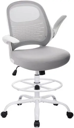 Tall Drafting Chair Standing Desk Chair with Flip-Up Armrests, Adjustable Height Ergonomic Office Chair with Footrest Ring - High Stool Chair for Standing Desk (Light Grey) Tall Drafting Chair Standing Desk Chair with Flip-Up Armrests, Adjustable Height Ergonomic Office Chair with Footrest Ring - High Stool Chair for Standing Desk (Light Grey)