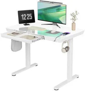 Glass Standing Desk with Drawers, 40x24 Inch, White | Quick Install, Whole-Piece Glass Top, USB ports and a Type-C port, Buil in Drawers, Writable Glass Top, 2 Hooks Glass Standing Desk with Drawers, 40x24 Inch, White | Quick Install, Whole-Piece Glass Top, USB ports and a Type-C port, Buil in Drawers, Writable Glass Top, 2 Hooks