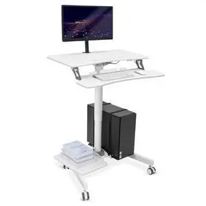 Mobile Computer Cart, Height-Adjustable Rolling Workstation with 28" Desktop, Keyboard Tray, Storage Shelves & Locking Wheels, Mobile Computer Stand for Office, Classroom, or Home Mobile Computer Cart, Height-Adjustable Rolling Workstation with 28" Desktop, Keyboard Tray, Storage Shelves & Locking Wheels, Mobile Computer Stand for Office, Classroom, or Home