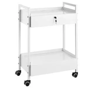 Rolling Medical Cart with Lockable Drawer, White Paint Stainless Steel Utility Cart, 2 Tiers Mobile Esthetician Trolley Cart with Swivel Casters for Lab, Hospital, Dental, Salon and Beauty Rolling Medical Cart with Lockable Drawer, White Paint Stainless Steel Utility Cart, 2 Tiers Mobile Esthetician Trolley Cart with Swivel Casters for Lab, Hospital, Dental, Salon and Beauty