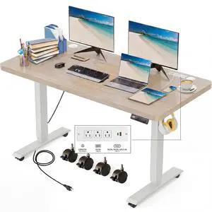 Electric Standing Desk with Power Outlets and USB-C Port, 48 x 24 Inches Adjustable Height Sit Stand Up Desk for Home Office, Adjustable Desk with Memory Preset and Wheels, Oak Electric Standing Desk with Power Outlets and USB-C Port, 48 x 24 Inches Adjustable Height Sit Stand Up Desk for Home Office, Adjustable Desk with Memory Preset and Wheels, Oak
