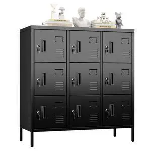 9-Door Metal Employee Locker with Keyed Locks and Raised Feet | 9 keyed compartments with name-card slots, ventilation and raised feet; 35.51"W x 15.79"D x 37.8"H. Assembly required 9-Door Metal Employee Locker with Keyed Locks and Raised Feet | 9 keyed compartments with name-card slots, ventilation and raised feet; 35.51"W x 15.79"D x 37.8"H. Assembly required
