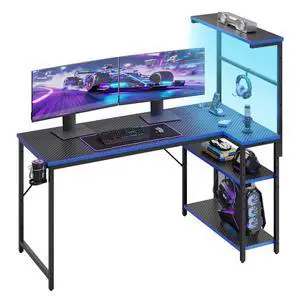 51" L-Shaped Gaming Desk with Power Outlets LED Lights, Black&Blue | Reversible Design, LED Lights, 4-Tier Storage Shelves, Headphone Hook, Foldable Cup Holder, Computer Desk, Home Office 51" L-Shaped Gaming Desk with Power Outlets LED Lights, Black&Blue | Reversible Design, LED Lights, 4-Tier Storage Shelves, Headphone Hook, Foldable Cup Holder, Computer Desk, Home Office