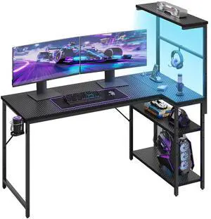 51" L-Shaped Gaming Desk with Power Outlets LED Lights, Black | Reversible Design, LED Lights, 4-Tier Storage Shelves, Headphone Hook, Foldable Cup Holder, Computer Desk, Home Office 51" L-Shaped Gaming Desk with Power Outlets LED Lights, Black | Reversible Design, LED Lights, 4-Tier Storage Shelves, Headphone Hook, Foldable Cup Holder, Computer Desk, Home Office