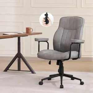 Mid Century Modern Office Chair with Inflatable Lumbar Support | Ergonomic, PU Leather, with Arms, Height Adjustable, 360° Swivel Executive Computer Chair for Home Office, Grey Mid Century Modern Office Chair with Inflatable Lumbar Support | Ergonomic, PU Leather, with Arms, Height Adjustable, 360° Swivel Executive Computer Chair for Home Office, Grey
