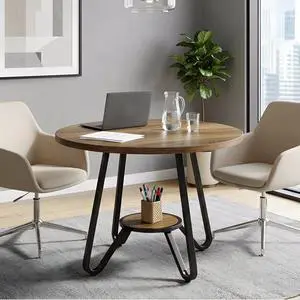 31.5" Small Round Conference Table with Bottom Shelf Seats 2-4 | Industrial Office Table with MDF Top & Metal Frame; Compact Seminar Table for Business, Small Space; Non-slip Foot Pads 31.5" Small Round Conference Table with Bottom Shelf Seats 2-4 | Industrial Office Table with MDF Top & Metal Frame; Compact Seminar Table for Business, Small Space; Non-slip Foot Pads
