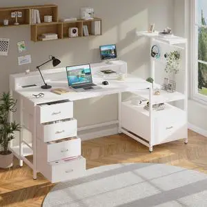 Computer Desk with Drawers, Home Office Desk with Storage Shelves, Charging Station, Corner Gaming Desk with Pegboard for Workspace, White Computer Desk with Drawers, Home Office Desk with Storage Shelves, Charging Station, Corner Gaming Desk with Pegboard for Workspace, White