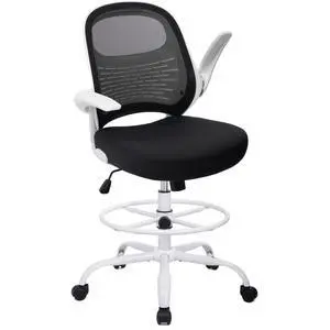 Tall Drafting Chair Standing Desk Chair with Flip-Up Armrests, Adjustable Height Ergonomic Office Chair with Footrest Ring - High Stool Chair for Standing Desk (Black Mesh&White Base) Tall Drafting Chair Standing Desk Chair with Flip-Up Armrests, Adjustable Height Ergonomic Office Chair with Footrest Ring - High Stool Chair for Standing Desk (Black Mesh&White Base)