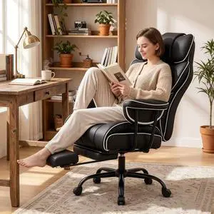 Big and Tall Reclining Executive Office Chair, Black Leather | Ergonomic Reclining Desk Chair with Footrest Lumbar Pillow, Height Adjustable Leather Office Chair Big and Tall Reclining Executive Office Chair, Black Leather | Ergonomic Reclining Desk Chair with Footrest Lumbar Pillow, Height Adjustable Leather Office Chair