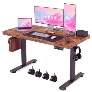 Hmimi 48'' ×24'' Height Adjustable Electric Standing Desk | Lockable Wheels, 4 Memory Presets, 2 Cable Holes, 2 Hooks, Anti-Collision System, Alloy Steel Frame, Brown Hmimi 48'' ×24'' Height Adjustable Electric Standing Desk | Lockable Wheels, 4 Memory Presets, 2 Cable Holes, 2 Hooks, Anti-Collision System, Alloy Steel Frame, Brown