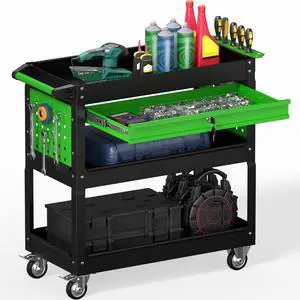 3 Tier Rolling Tool Cart on Wheels, Heavy Duty Industrial Utility Cart Service Cart with Drawer and Screwdriver Rack Pegboard, 550 LBS Mobile Tool Storage Organizer for Workshop, Garage(Green-Black) 3 Tier Rolling Tool Cart on Wheels, Heavy Duty Industrial Utility Cart Service Cart with Drawer and Screwdriver Rack Pegboard, 550 LBS Mobile Tool Storage Organizer for Workshop, Garage(Green-Black)