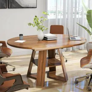 43.3in-59in Extendable Round Conference Table for 4-6 People,Space Saving | Wooden Oval Meeting Room Table with Removable Leaves,Office Table with Storage Shelf for for Office Conference Room 43.3in-59in Extendable Round Conference Table for 4-6 People,Space Saving | Wooden Oval Meeting Room Table with Removable Leaves,Office Table with Storage Shelf for for Office Conference Room