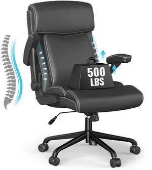 Big and Tall Leather Office Chair, 500lbs for Heavy People | High Back Computer Desk Chair with Flip-up Armrests, Swivel Chair with Adjustable Height (Black) Big and Tall Leather Office Chair, 500lbs for Heavy People | High Back Computer Desk Chair with Flip-up Armrests, Swivel Chair with Adjustable Height (Black)