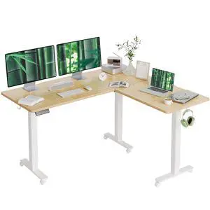 L Shaped Standing Desk Dual Motor 63x55 Inch Bamboo | Height 28.5"-47.2" Adjustable, 220lbs Capacity, Sturdy Steel Frame, Splice Board included, Ideal for Home Office Corner L Shaped Standing Desk Dual Motor 63x55 Inch Bamboo | Height 28.5"-47.2" Adjustable, 220lbs Capacity, Sturdy Steel Frame, Splice Board included, Ideal for Home Office Corner