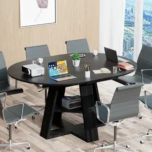 43.3in-59in Extendable Round Conference Table for 4-6 People,Space Saving | Wooden Oval Meeting Room Table with Removable Leaves,Office Table with Storage Shelf for for Office Conference Room 43.3in-59in Extendable Round Conference Table for 4-6 People,Space Saving | Wooden Oval Meeting Room Table with Removable Leaves,Office Table with Storage Shelf for for Office Conference Room