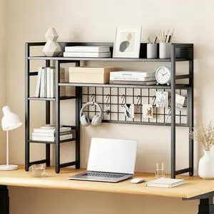 Desktop Bookshelf for Monitors up to 32", Black | Dorm Desk Hutch with 4 Open Storage Shelves, Grid Panel with 6 Hooks, 37" x 10" Countertop Organizer for Home Office Dorm Desktop Bookshelf for Monitors up to 32", Black | Dorm Desk Hutch with 4 Open Storage Shelves, Grid Panel with 6 Hooks, 37" x 10" Countertop Organizer for Home Office Dorm