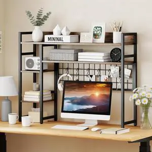 Desktop Bookshelf for Monitors up to 32", Rustic Brown | Dorm Desk Hutch with 4 Open Storage Shelves, Grid Panel with 6 Hooks, 37" x 10" Countertop Organizer for Home Office Dorm Desktop Bookshelf for Monitors up to 32", Rustic Brown | Dorm Desk Hutch with 4 Open Storage Shelves, Grid Panel with 6 Hooks, 37" x 10" Countertop Organizer for Home Office Dorm