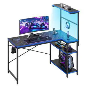 40" L-Shaped Gaming Desk with Power Outlets LED Lights, Black&Blue | Reversible Design, LED Lights, 4-Tier Storage Shelves, Headphone Hook, Foldable Cup Holder, Home Office, Small Space 40" L-Shaped Gaming Desk with Power Outlets LED Lights, Black&Blue | Reversible Design, LED Lights, 4-Tier Storage Shelves, Headphone Hook, Foldable Cup Holder, Home Office, Small Space
