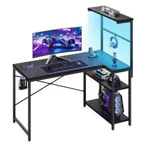 40" L-Shaped Gaming Desk with Power Outlets LED Lights, Black | Reversible Design, LED Lights, 4-Tier Storage Shelves, Headphone Hook, Foldable Cup Holder, Home Office, Small Space 40" L-Shaped Gaming Desk with Power Outlets LED Lights, Black | Reversible Design, LED Lights, 4-Tier Storage Shelves, Headphone Hook, Foldable Cup Holder, Home Office, Small Space