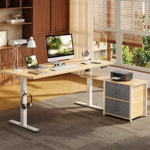63" × 28" L Shaped Standing Desk with Drawers, White Wood Grain | Spacious Multi-Monitor Workspace, Reversible Design, with Cabinet and Drawers, Hooks and USB Port, home office (2 Packages) 63" × 28" L Shaped Standing Desk with Drawers, White Wood Grain | Spacious Multi-Monitor Workspace, Reversible Design, with Cabinet and Drawers, Hooks and USB Port, home office (2 Packages)