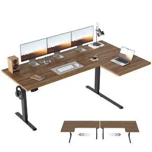 63 * 35 Inch Reversible L Shaped Electric Standing Desk, Walnut | Reversible left-right installation, L-shape Workspace, Sturdy Steel Frame, Memory Presets, Hooks, 176 lbs, Easy Assembly 63 * 35 Inch Reversible L Shaped Electric Standing Desk, Walnut | Reversible left-right installation, L-shape Workspace, Sturdy Steel Frame, Memory Presets, Hooks, 176 lbs, Easy Assembly