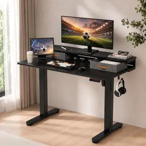 Electric Standing Desk with 2 Drawers, 48 Inch, Black | 28.35-46.46in adjustable height, 3 memory presets, monitor shelf, cable management and hooks for home office Electric Standing Desk with 2 Drawers, 48 Inch, Black | 28.35-46.46in adjustable height, 3 memory presets, monitor shelf, cable management and hooks for home office