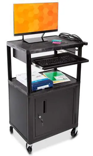 Line Leader Plastic AV Cart with Keyboard Tray and Locking Metal Cabinet, Heavy Duty Mobile Workstation with 4 Rolling Casters, 2 Locking Brakes, Heavy Duty, Holds up to 75 lbs (42 Inch w Cabinet) Line Leader Plastic AV Cart with Keyboard Tray and Locking Metal Cabinet, Heavy Duty Mobile Workstation with 4 Rolling Casters, 2 Locking Brakes, Heavy Duty, Holds up to 75 lbs (42 Inch w Cabinet)