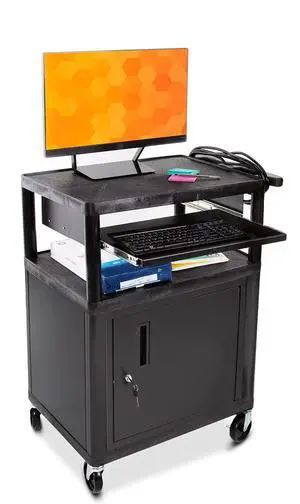 Line Leader Plastic AV Cart with Keyboard Tray and Locking Metal Cabinet, Heavy Duty Mobile Workstation with 4 Rolling Casters, 2 Locking Brakes, Heavy Duty, Holds up to 100 lbs (34 Inch w Cabinet) Line Leader Plastic AV Cart with Keyboard Tray and Locking Metal Cabinet, Heavy Duty Mobile Workstation with 4 Rolling Casters, 2 Locking Brakes, Heavy Duty, Holds up to 100 lbs (34 Inch w Cabinet)