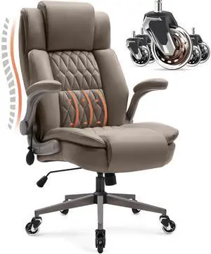 Large High Back Office Chair - Adjustable Lumbar Support Flip Up Arms Heavy Duty Quiet Wheels Metal Base Breathable Bonded Leather Ergonomic Executive Computer Desk Chair with Storage Bags, Khaki Large High Back Office Chair - Adjustable Lumbar Support Flip Up Arms Heavy Duty Quiet Wheels Metal Base Breathable Bonded Leather Ergonomic Executive Computer Desk Chair with Storage Bags, Khaki