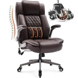 Large High Back Office Chair - Adjustable Lumbar Support Flip Up Arms Heavy Duty Quiet Wheels Metal Base Breathable Bonded Leather Ergonomic Executive Computer Desk Chair with Storage Bags, Brown Large High Back Office Chair - Adjustable Lumbar Support Flip Up Arms Heavy Duty Quiet Wheels Metal Base Breathable Bonded Leather Ergonomic Executive Computer Desk Chair with Storage Bags, Brown
